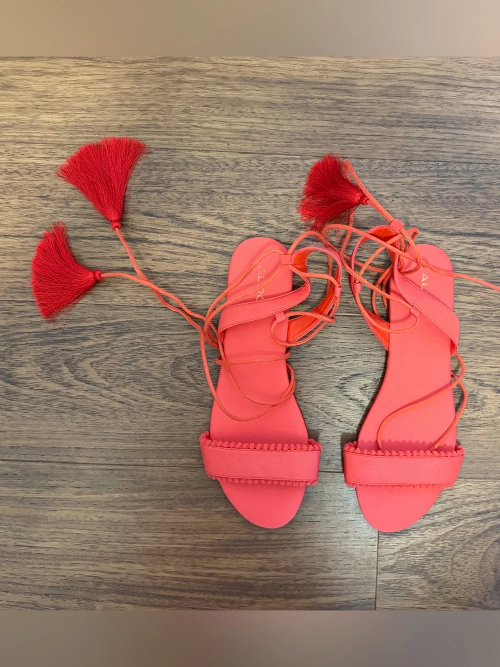Aldo Coral-Red Lace-Up Tassel Sandals